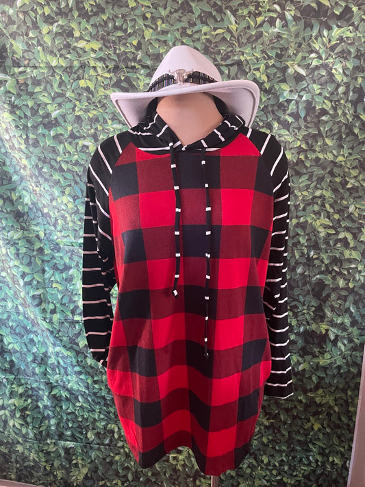 Red Plaid Hoodie with Striped Sleeves