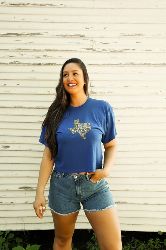 Royal Blue Crop Top with Swirly Texas