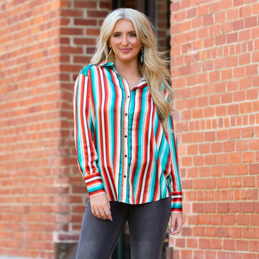 Sequin Neon Striped Silk Button Down