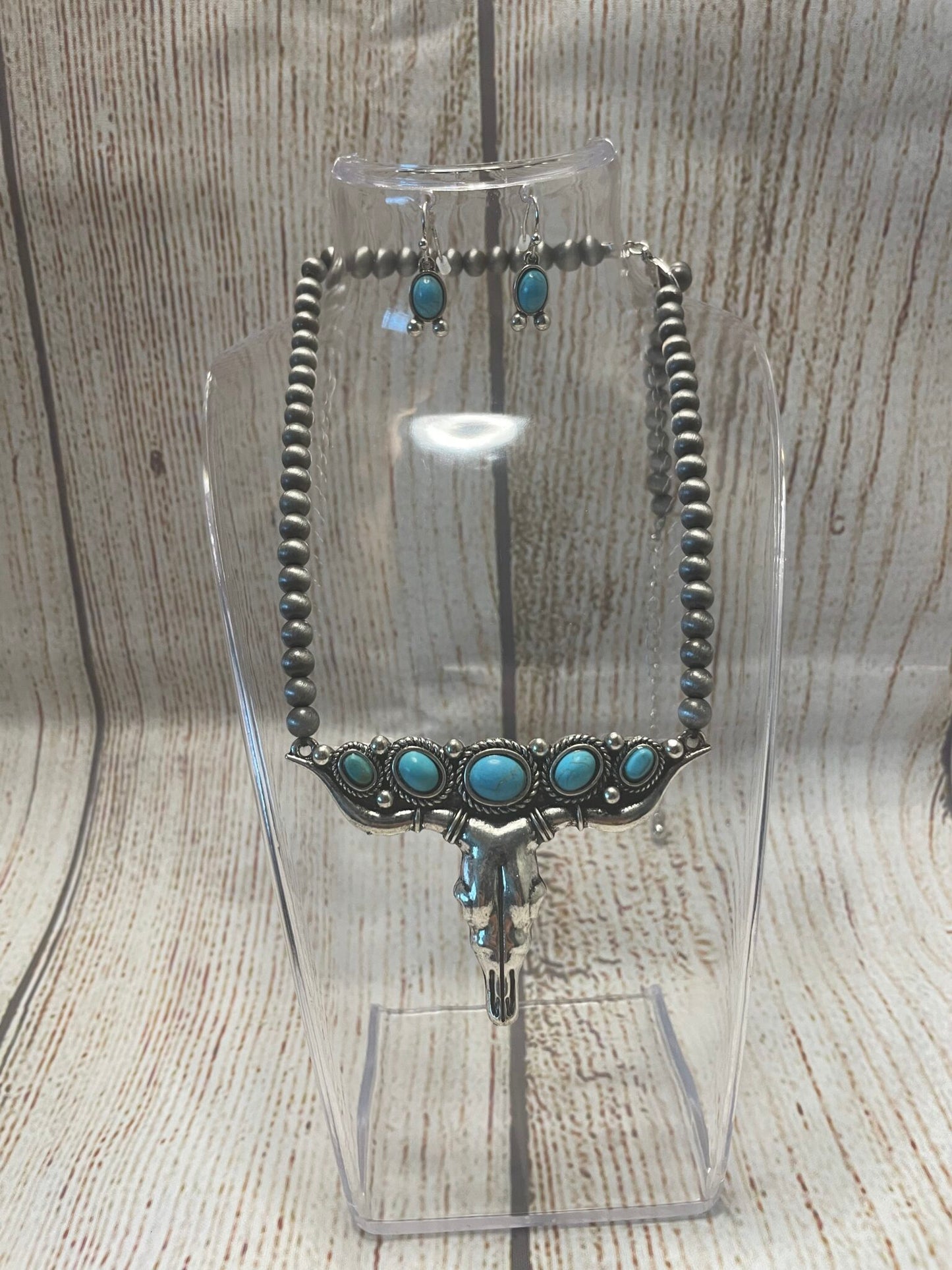 Silver and Turquoise Cow Skull Necklace with Turquoise Earrings