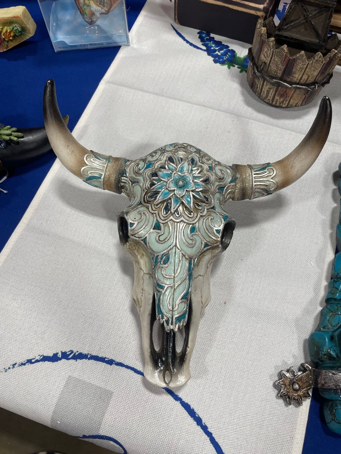 Silver and Turquoise Swirl Cowskull Decor Piece