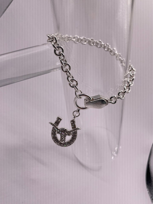 Silver Chain Bracelet with Blingy Horseshoe and Cow Skull Charm