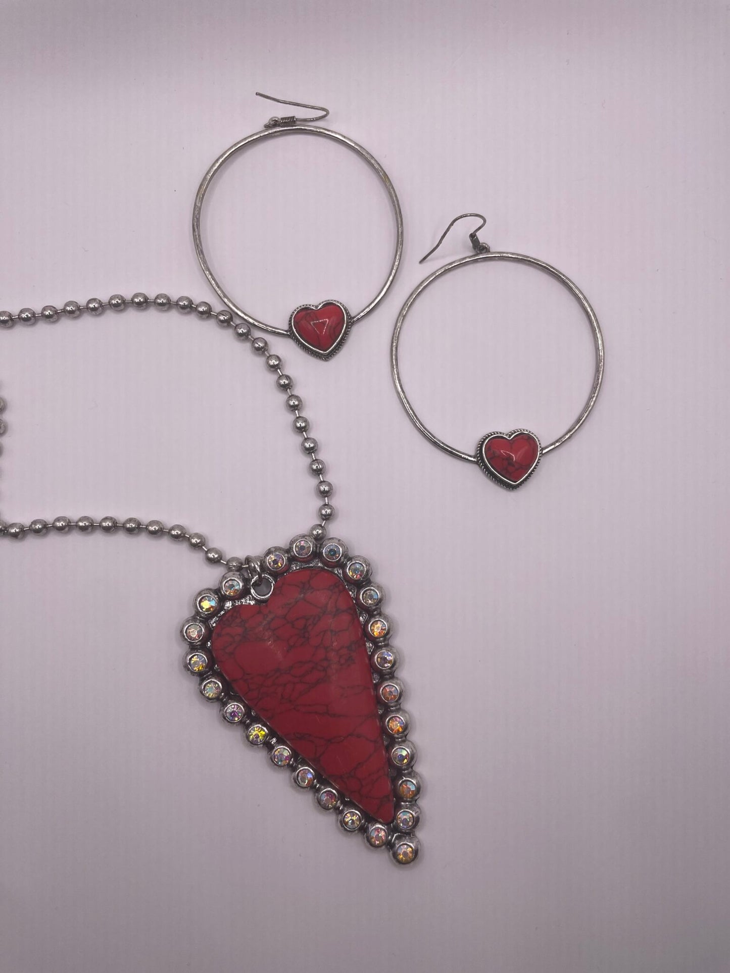 Silver Necklace with Large Red Heart Emblem and Red Heart Silver Hoop Earrings