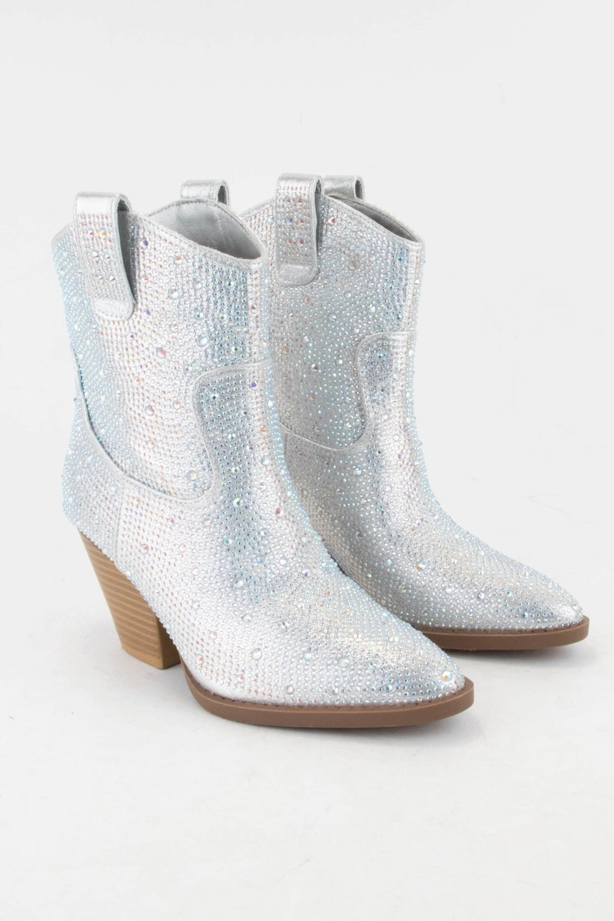 Bedazzled Glam Western Ankle Boots - Silver