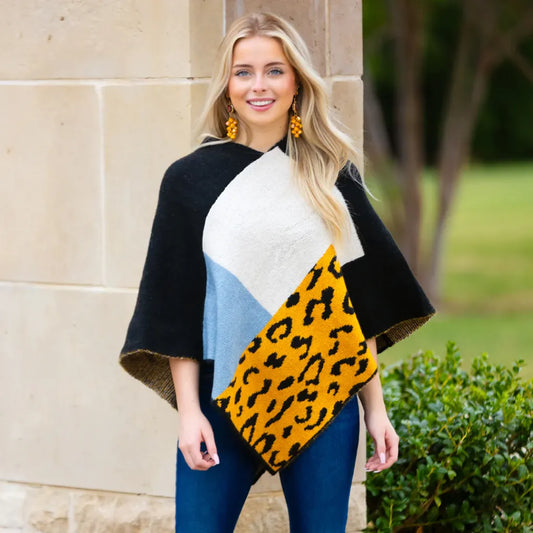 Tri Colored Blue and Leopard Poncho