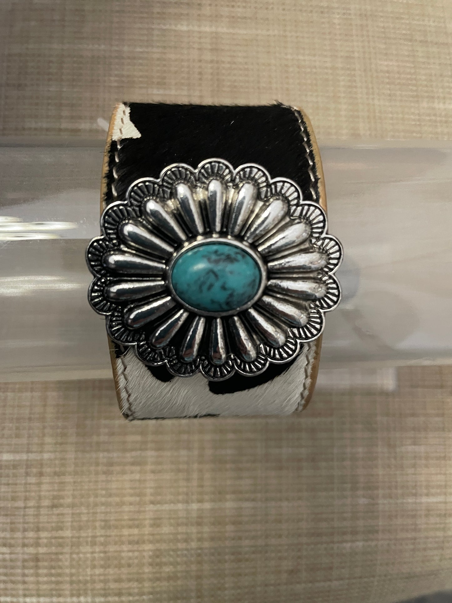 Black & White Cowprint Cuff Bracelet with Turquoise Stone