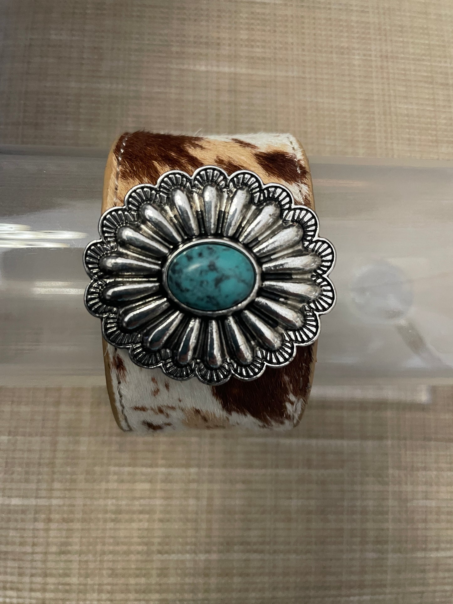 Brown & White Cowprint Cuff Bracelet with Turquoise Stone