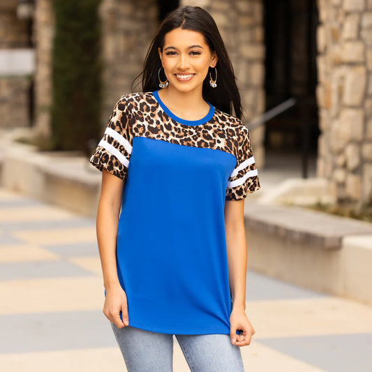 Short Sleeve Leopard Top with Striped - Blue