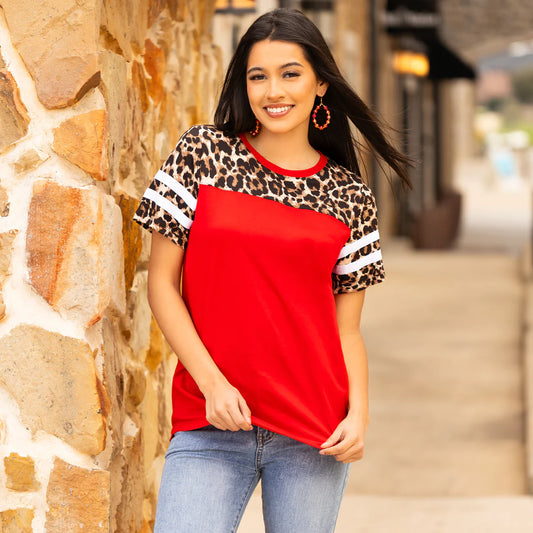 Short Sleeve Leopard Top with Striped - Red