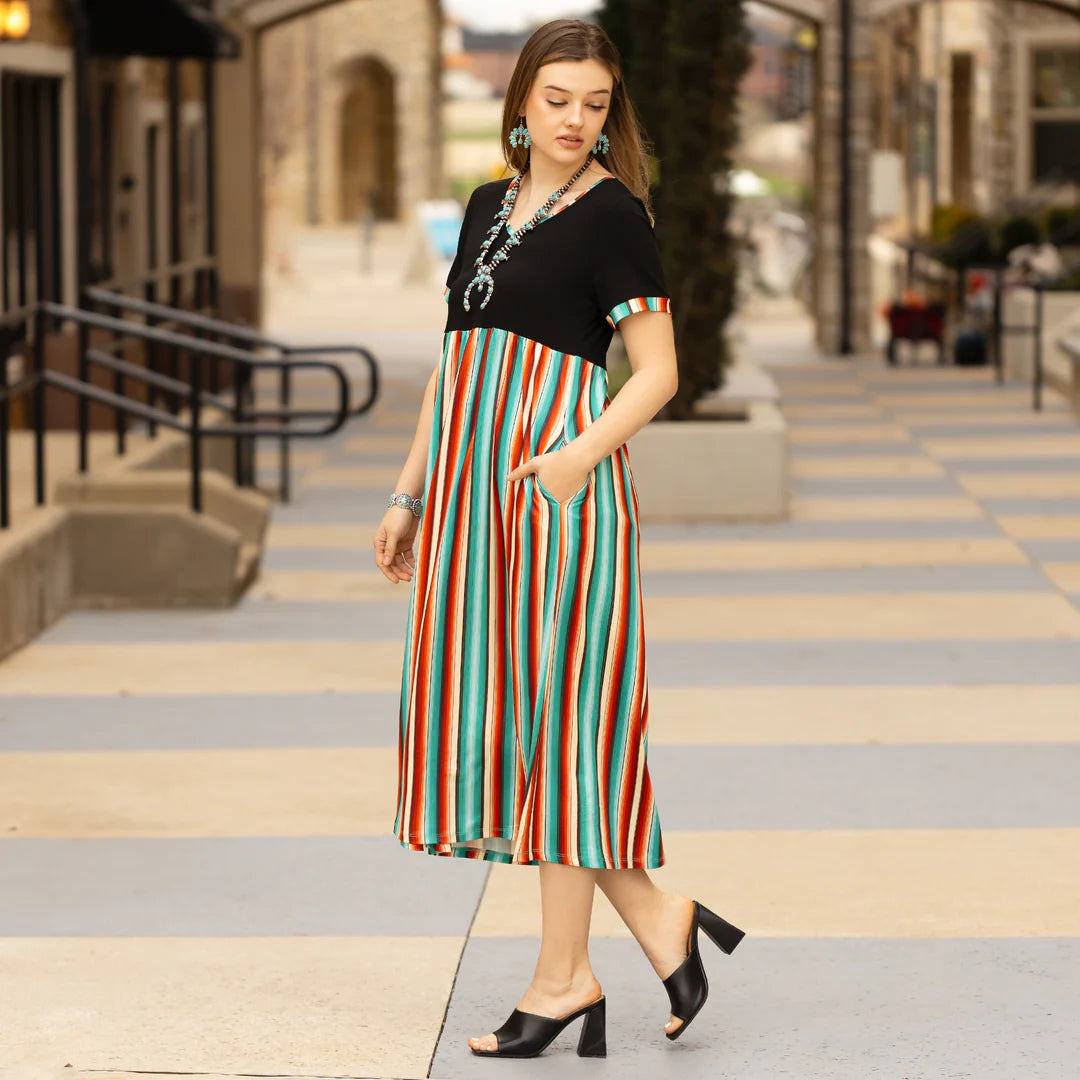 Serape Print Half Sleeve Dress with Pockets