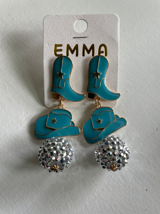 Turquoise Boot, Hat, Disco ball earrings