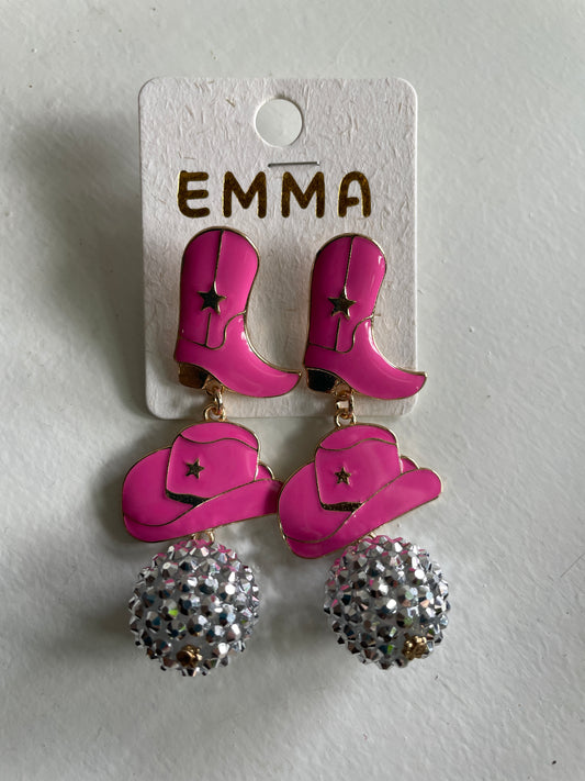 Pink Boot, Hat, Disco ball earrings