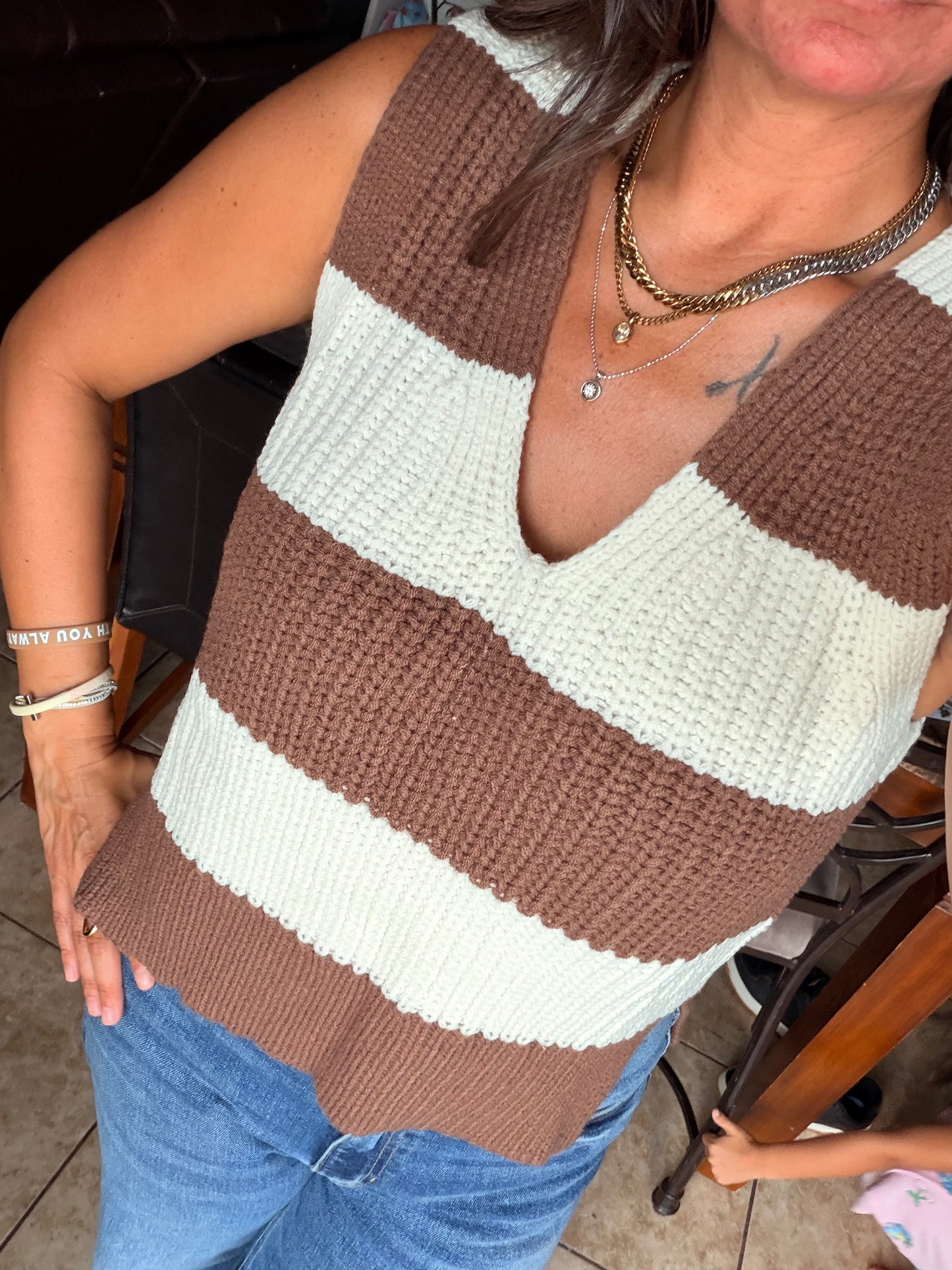 Brown and Cream Striped Sweater Tank