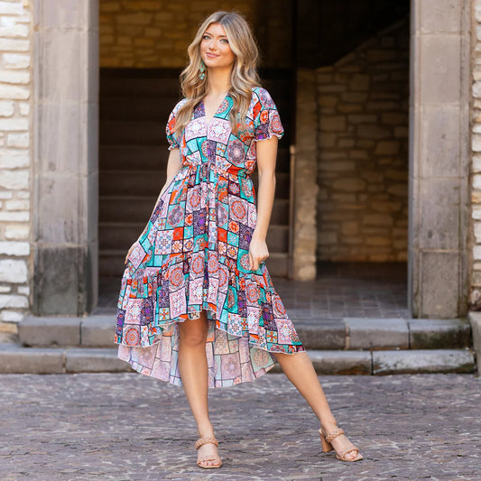 Bohemian Patch Work Print - 2 Tiered Dress with Pockets