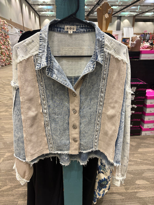 POL Star Studded Multi Print Denim Jacket