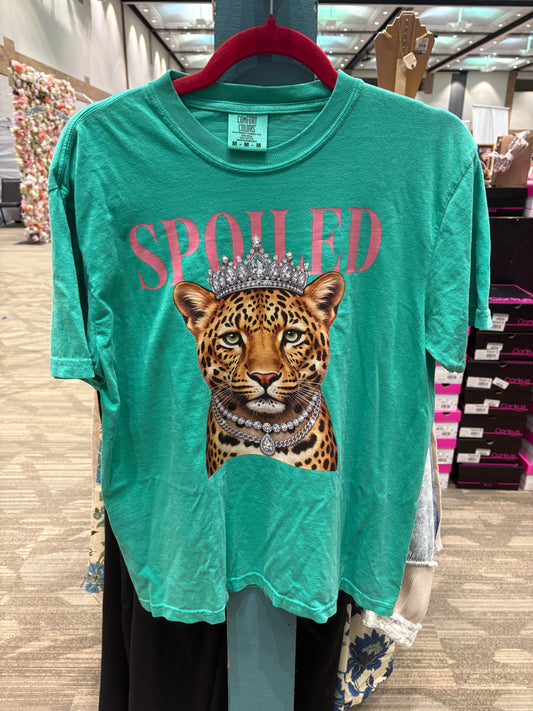 Teal Green “Spoiled” Cheetah Tee with Rhinestones