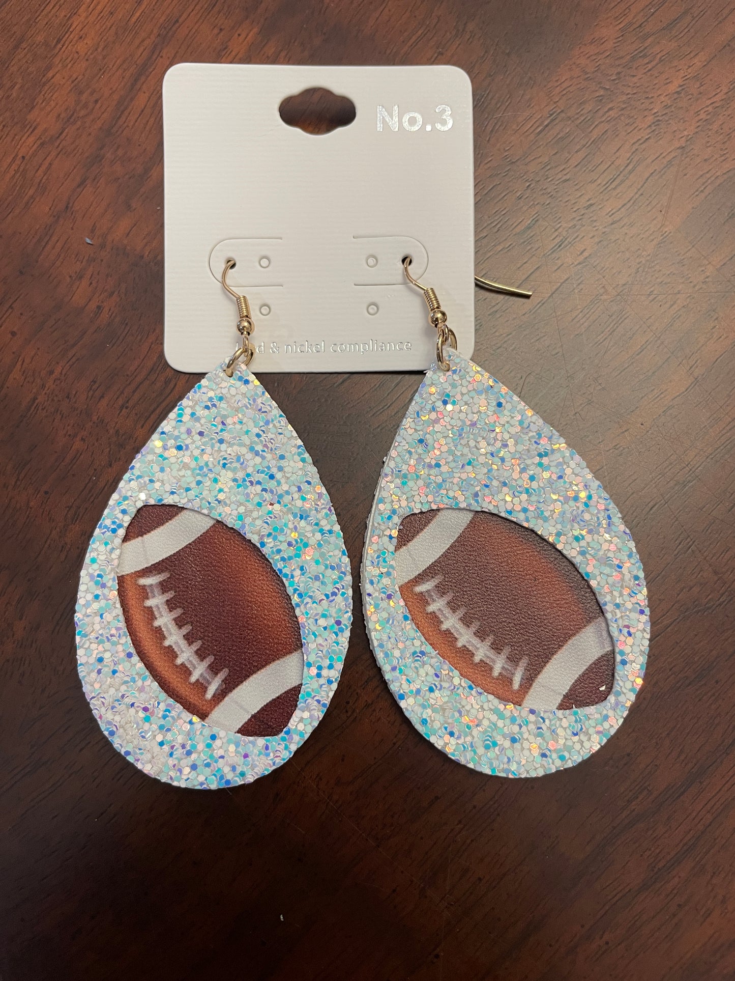 Sparkly White Teardrop Football Earrings