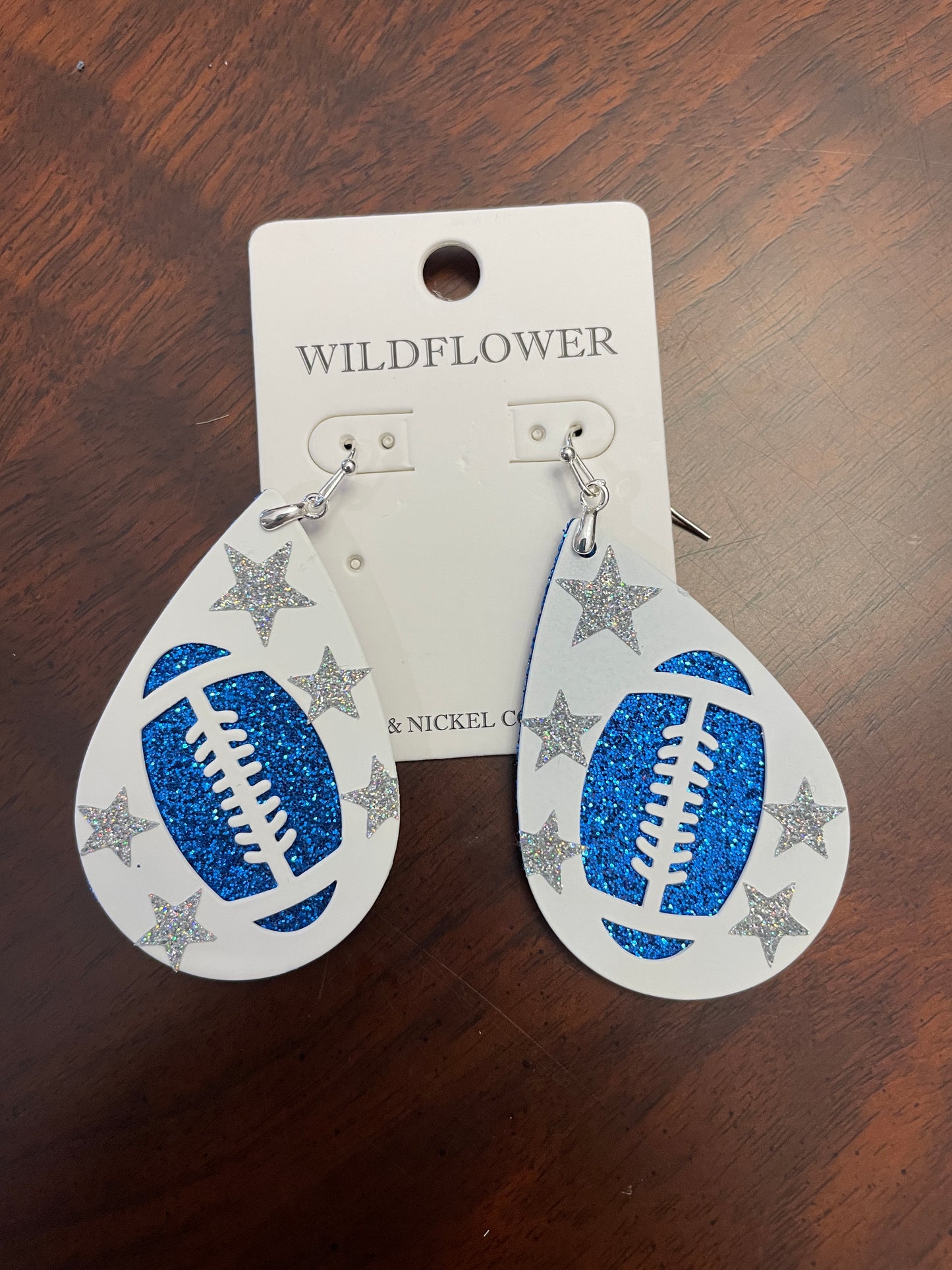 White w/Silver Stars & Blue Football Teardrop Earrings