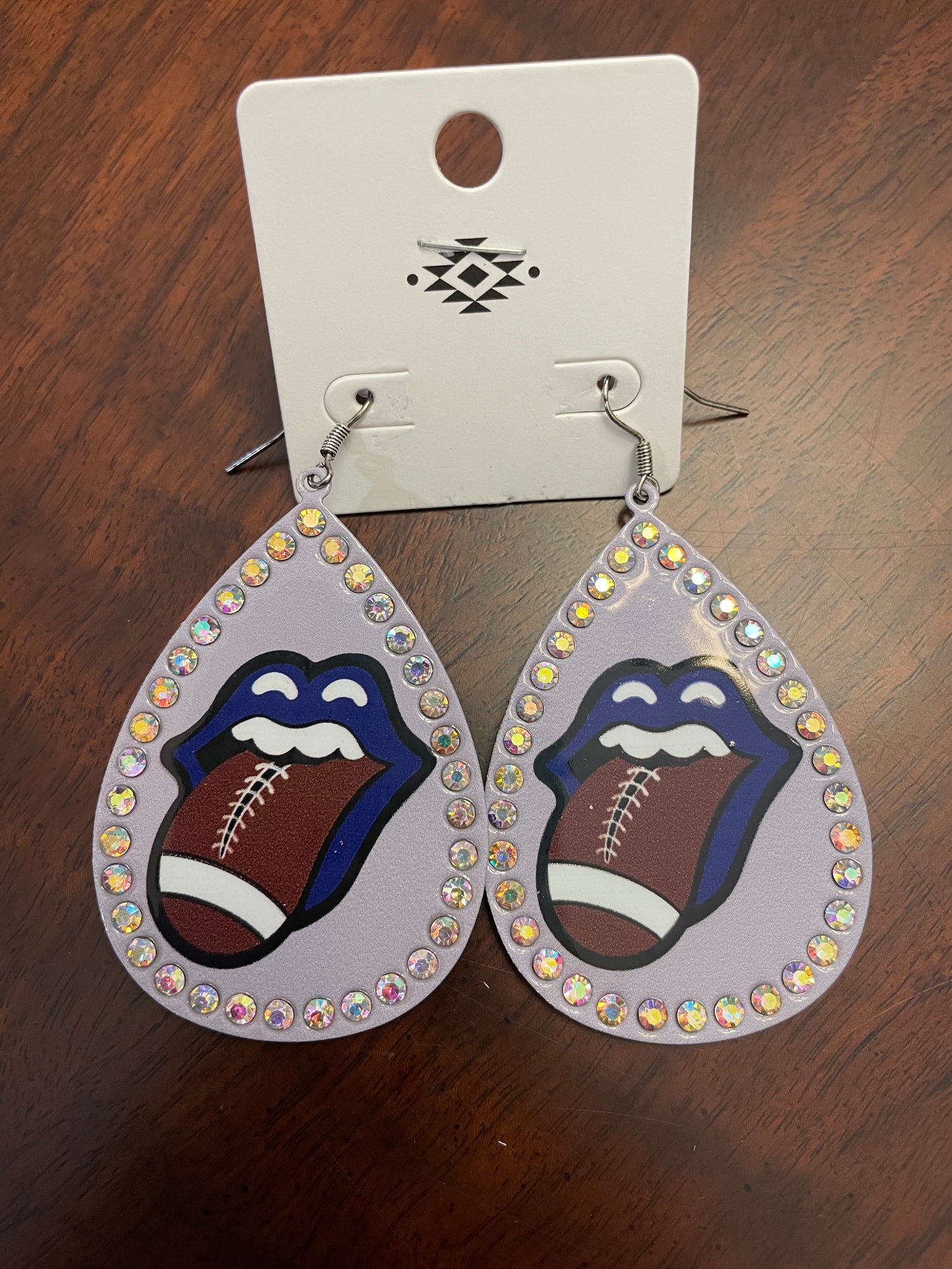 Rhinestone Studded Silver Teardrop with Lips & Football Earrings