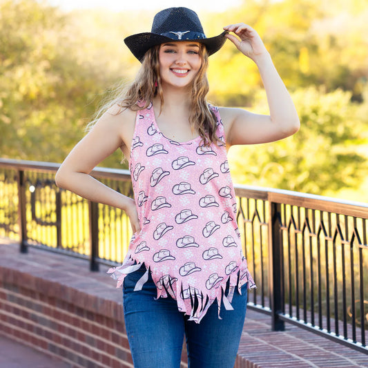 Pink Tank with Fringe and Cowboy Hats