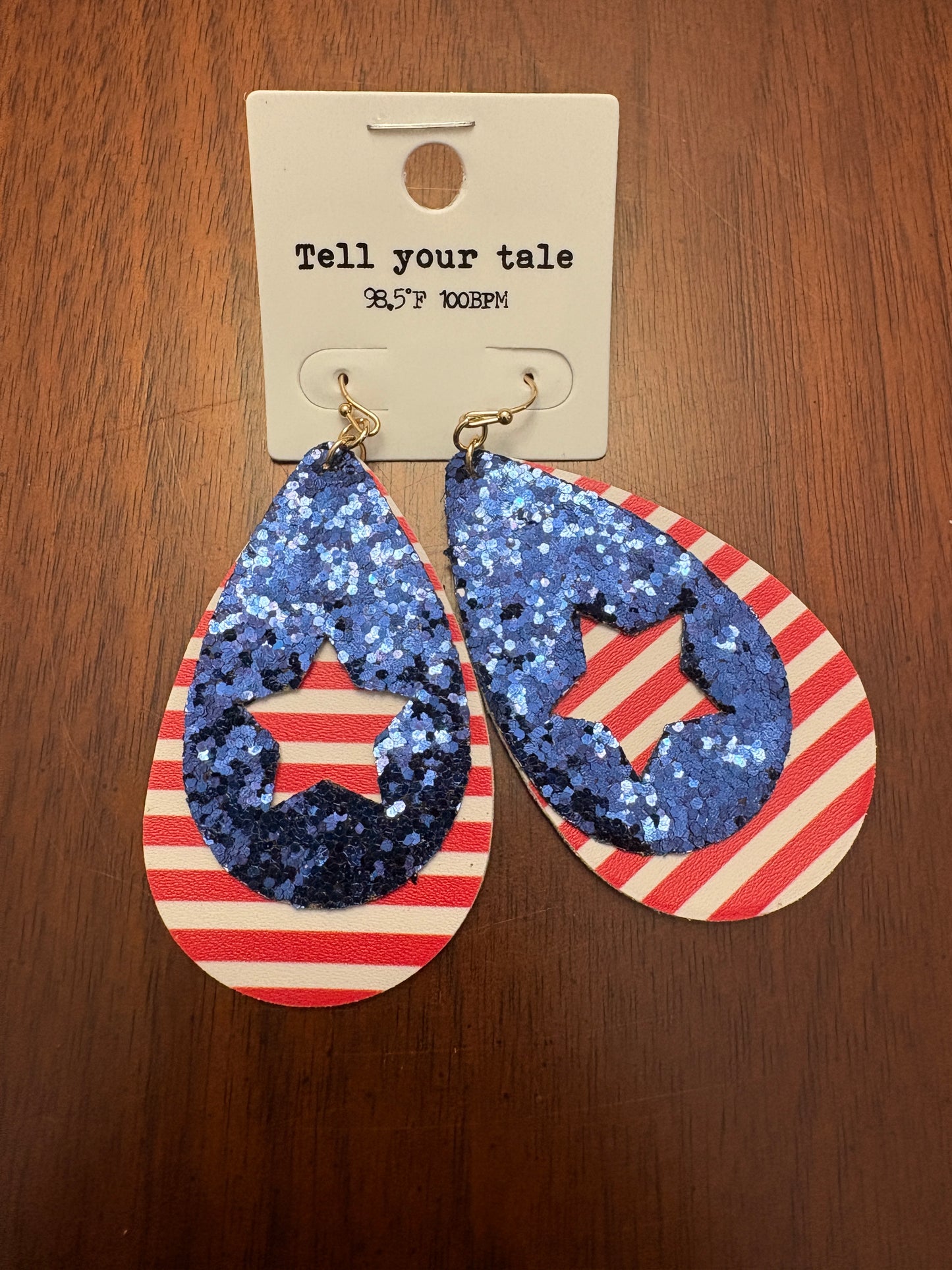 Red & White Striped with Sparkly Blue Star Cut Out Dangle Earrings