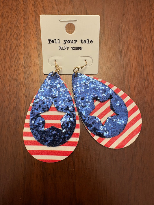 Red & White Striped with Sparkly Blue Star Cut Out Dangle Earrings