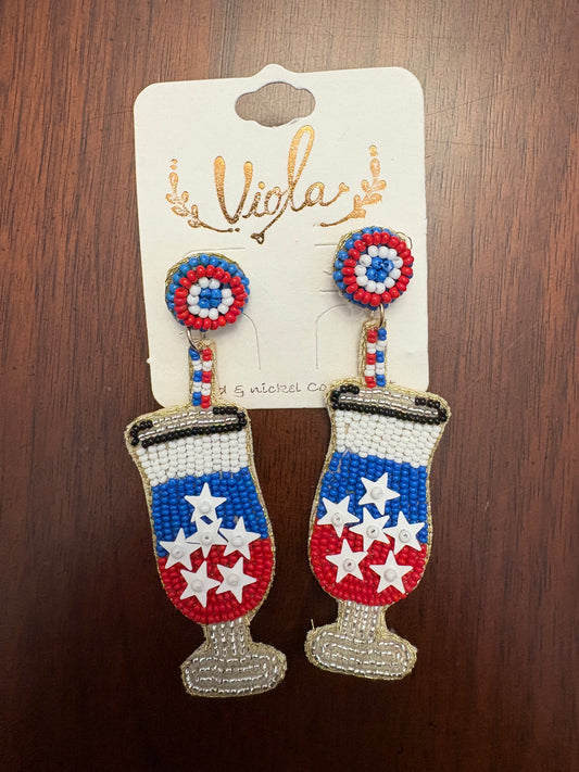 Beaded Red, White & Blue Cocktail Dangle Earrings