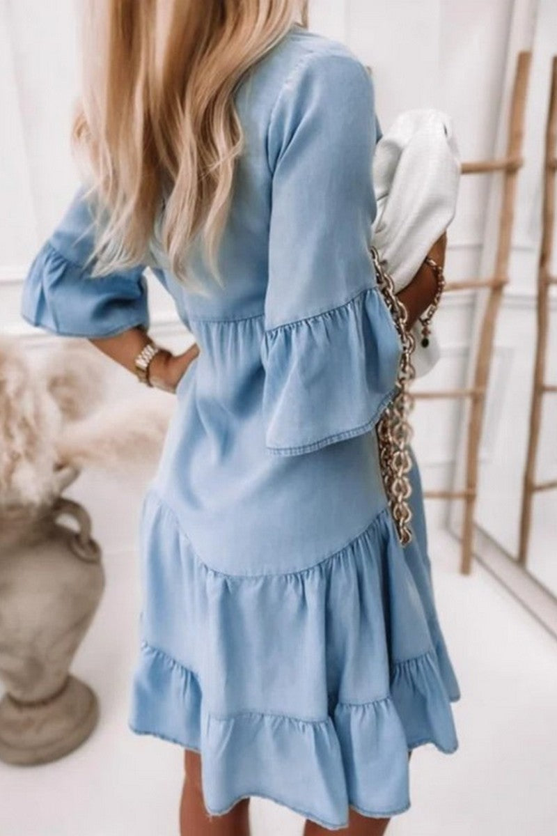 V-NECK Half Sleeve Washed Denim Dress