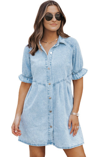 Beau Blue Mineral Wash Ruffled Short Sleeve Denim Dress