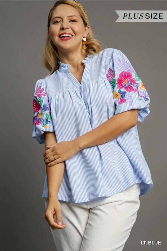 Blue Embroidery Striped Pleated Top Plus Size