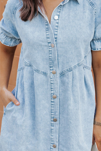 Beau Blue Mineral Wash Ruffled Short Sleeve Denim Dress