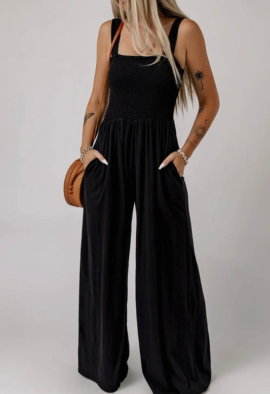 Smocked Tank Wide Leg Jumpsuit with Pockets - Black