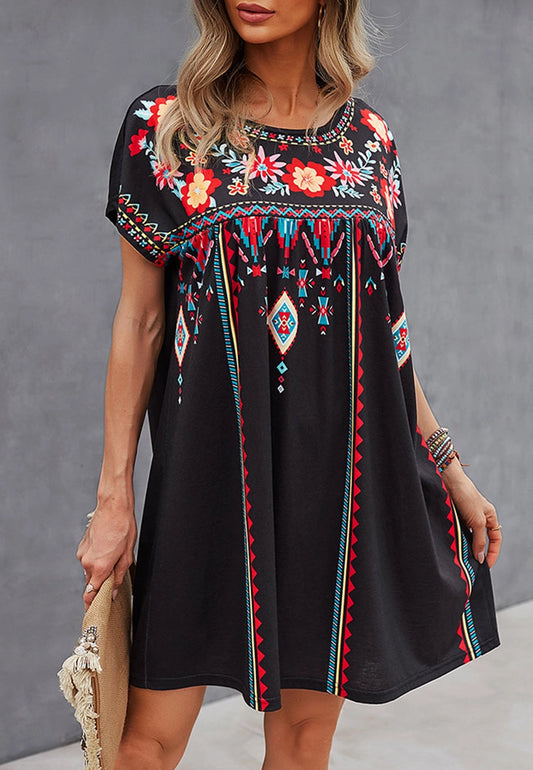 Multi Color Floral Boho Print Dress-Black