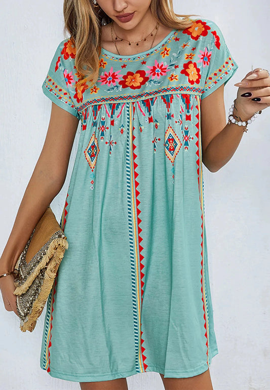 Multi Color Floral Boho Print Dress - Green