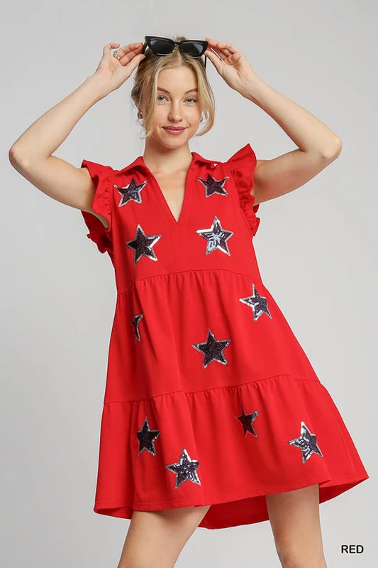 Umgee French Terry Collared Star Mini Dress - Red