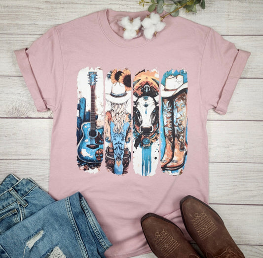 Pale Blush Western Turquoise Guitar, Cowgirl, Cow Tee
