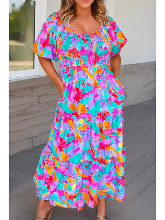 Little Daisy Closey Floral Smocked Bidice Puff Sleeve Plus Size Maxi Dress - Multicolor