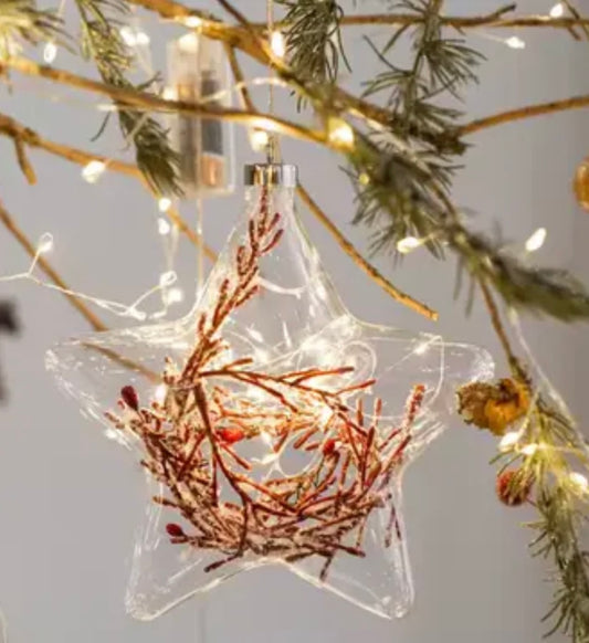 Glass Star Christmas Ornament with Pine Accent & Lights