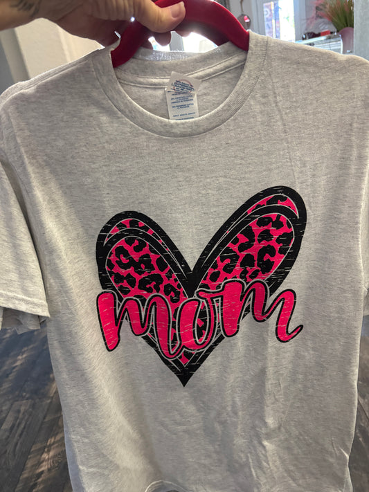 Grey tee with Pink Leopard Heart “Mom”
