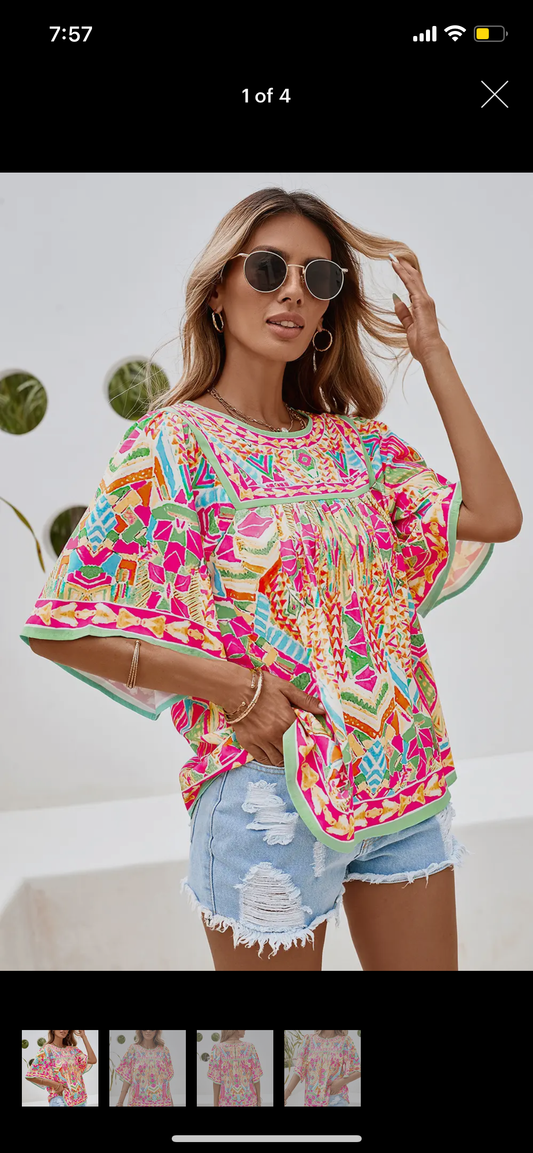 Neon Green Multi Colored Geo Print Bell Sleeve Babydoll Blouse