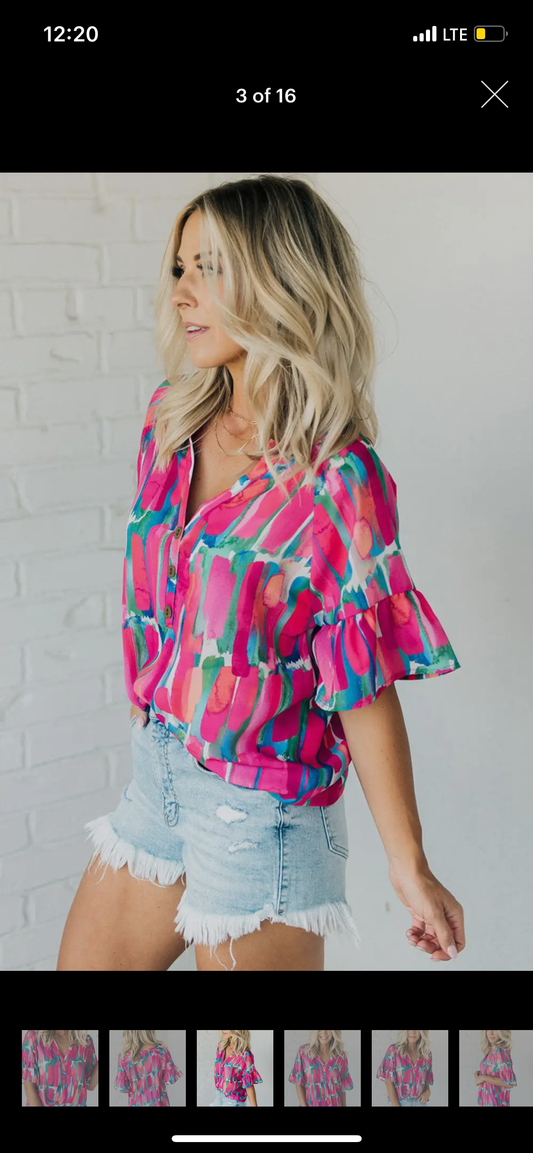 Brushstroke Print Bell Sleeve Buttoned Top