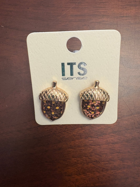 Gold Top Sparkly Acorn Stud Earrings
