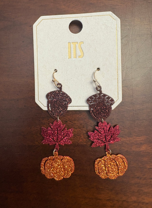 Glitter Acorn, Leaf and Pumpkin Dangle Earrings