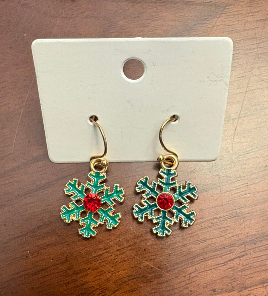 Green Snowflake Christmas Earrings