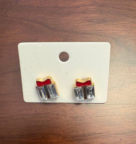 Clear Christmas Gift w/ Red Bow Stud Earrings