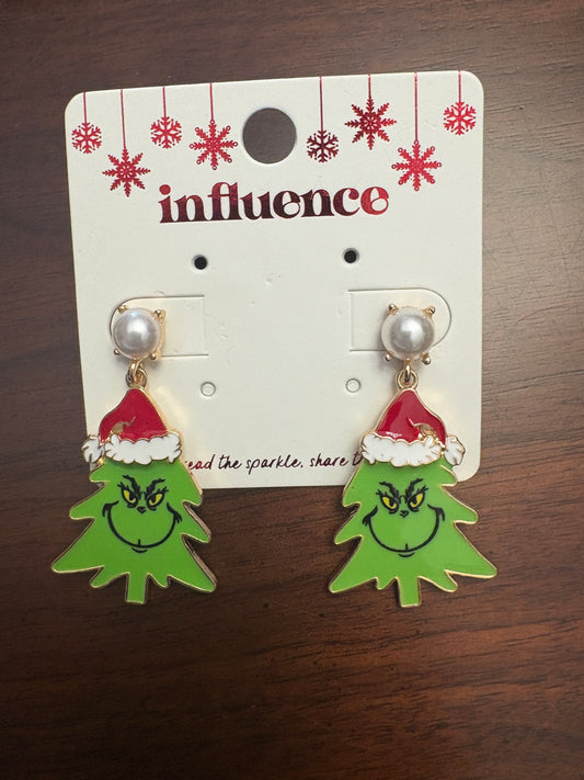 Grinch Christmas Tree w/Red Hat Enamel Earrings