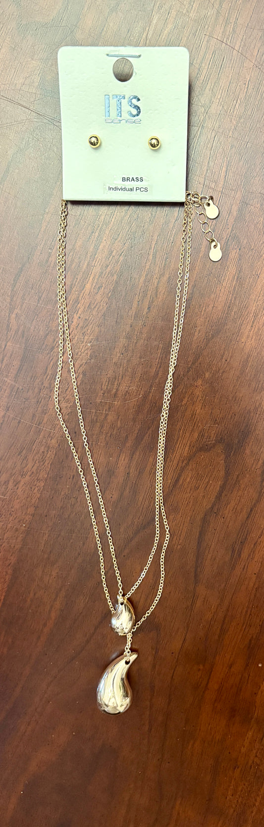 Gold Double Teardrop Necklace with stud earrings set