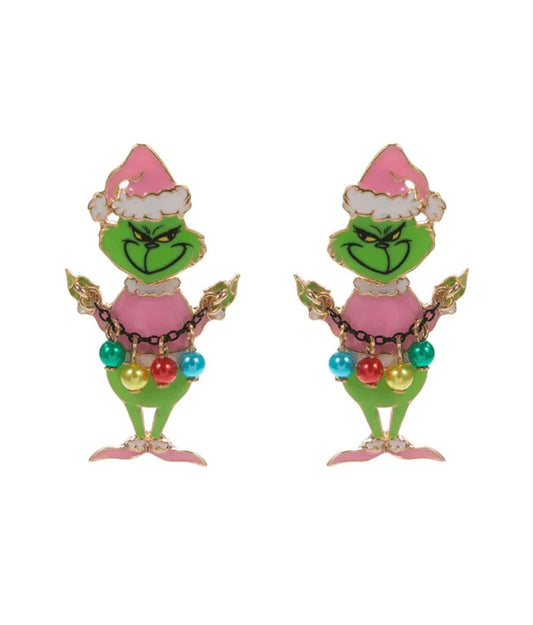 Grinch with Pearl Ornaments Enamel Earrings
