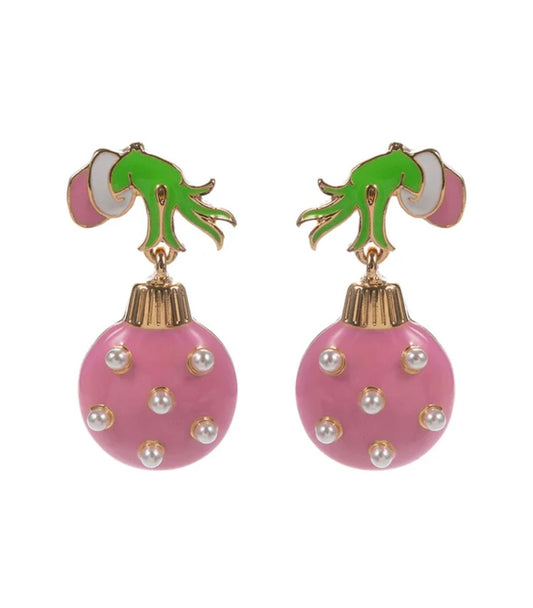 Grinch Hand w/ Pink Pearls Ornament Earrings