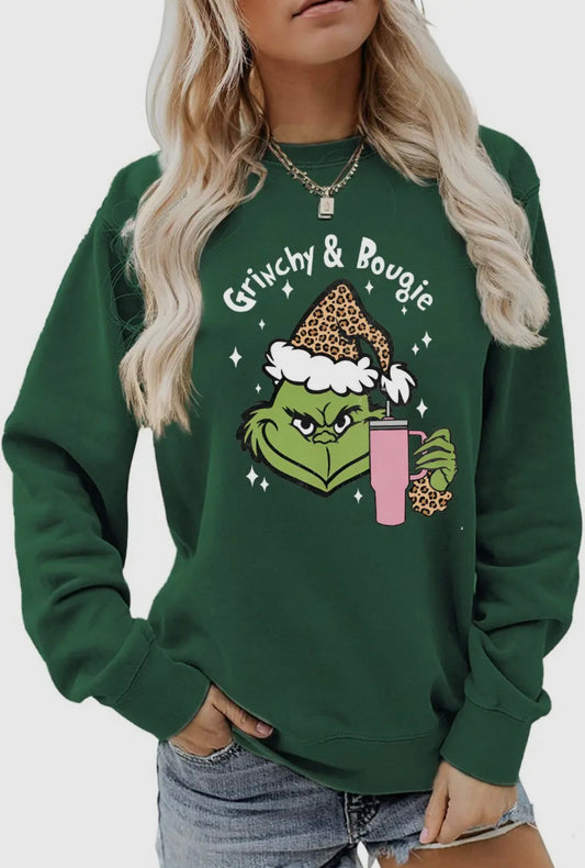 Holiday Grinchy & Bougie Graphic Christmas Sweatshirt - Dark Green
